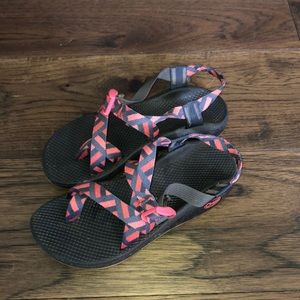 Pink and navy blue Chacos (chaco cloud)